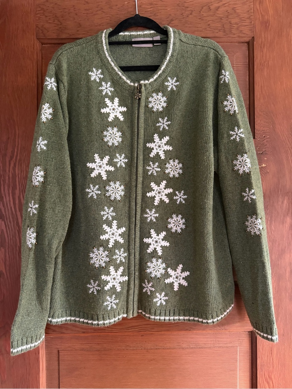 Vintage Croft & Borrow Olive Green Snowflake Christmas Zip-Front Sweater Size L